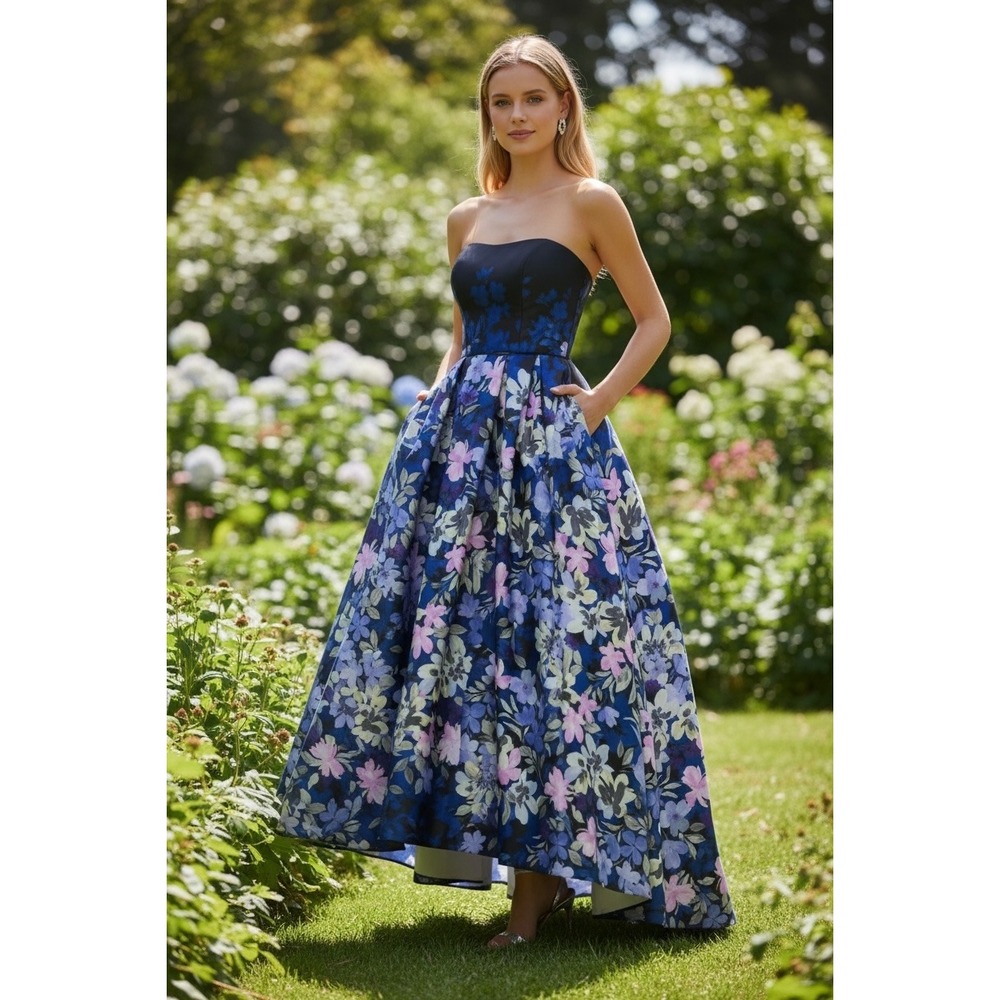 Betsy & Adam Floral High-Low Strapless Evening Gown A27019 Blue Pink Black 6